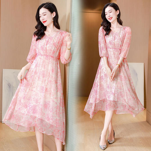 ASE-25012夏季印花V领气质知性百搭真丝连衣裙 商品图3