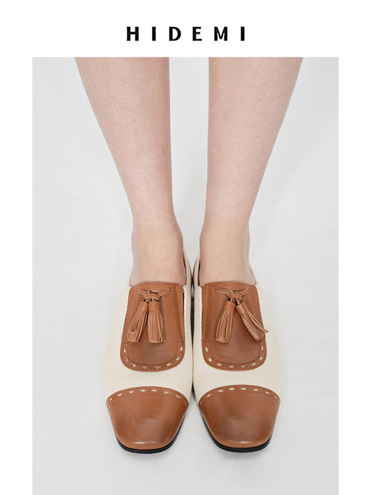 HIDEMI 【当当同款】复古拼接拼皮小牛皮流苏平底鞋 黑白/黑金/银色/白色/棕白 商品图9
