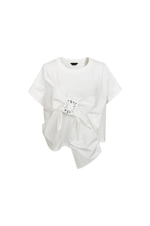 白色立裁蝴蝶结短款钉钻T恤 商品图0