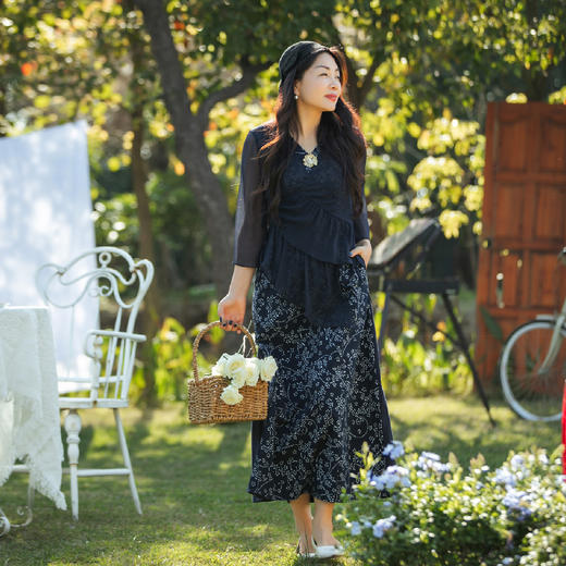 【林栖设计小店】【林栖推荐】2024春夏新品棉连衣裙拼真丝复古气质蓝印花布裙子女1942410 商品图0