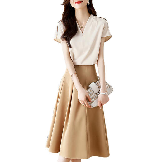 AHM-mnm9997夏季新款法式小香风V领纯色衬衫高腰半身裙小个子显瘦两件套 商品图4