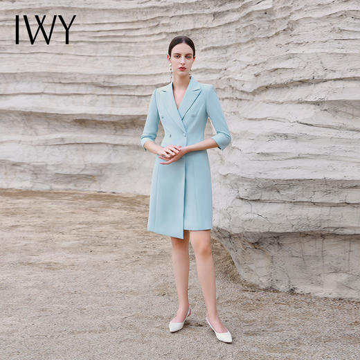IWY/蓝绿色职业装西装领连衣裙女气质双排扣修身显瘦美容师工作服Q14253 商品图4