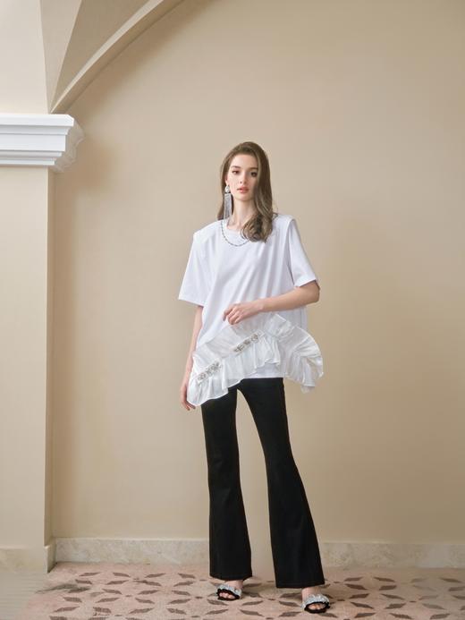 白色水光亮纱蝴蝶结钻饰宽肩T恤 商品图0