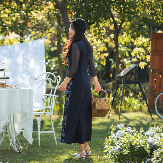 【林栖设计小店】【林栖推荐】2024春夏新品棉连衣裙拼真丝复古气质蓝印花布裙子女1942410 商品图2