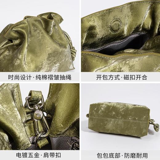 新中式绸缎牛皮抽绳福袋包国风复古褶皱斜挎云朵包高级感真皮女包 商品图3