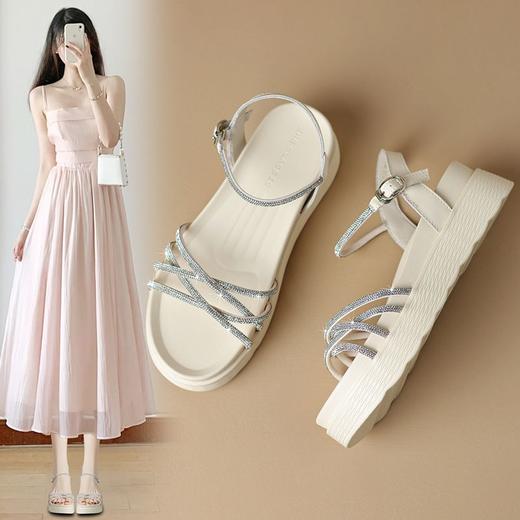 坡跟水钻时装凉鞋女2024夏季新款洋气轻便女鞋松糕底增高鞋配裙子 商品图9