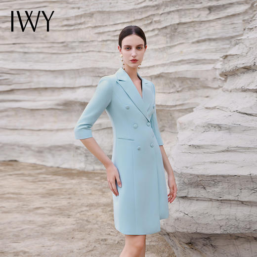 IWY/蓝绿色职业装西装领连衣裙女气质双排扣修身显瘦美容师工作服Q14253 商品图2