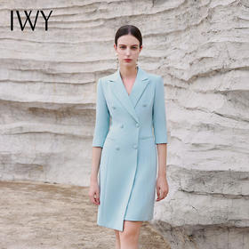 IWY/蓝绿色职业装西装领连衣裙女气质双排扣修身显瘦美容师工作服Q14253