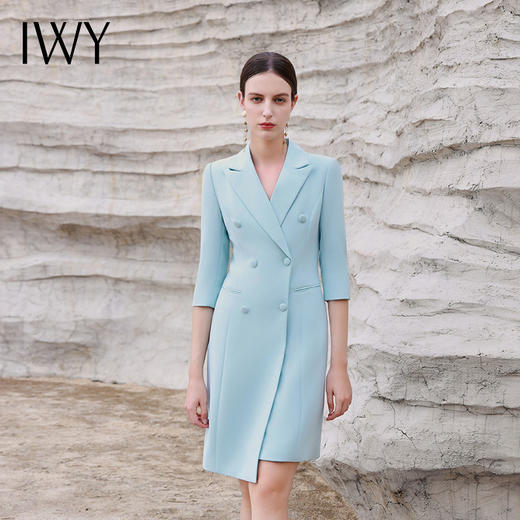 IWY/蓝绿色职业装西装领连衣裙女气质双排扣修身显瘦美容师工作服Q14253 商品图0