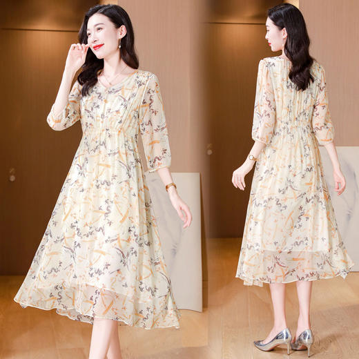 ASE-25012夏季印花V领气质知性百搭真丝连衣裙 商品图0