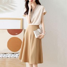 AHM-mnm9997夏季新款法式小香风V领纯色衬衫高腰半身裙小个子显瘦两件套