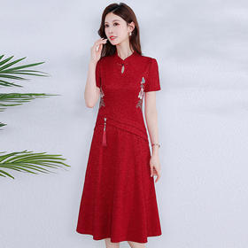 QYM-24KK59复古旗袍裙中长款婚宴礼服裙红色刺锈连衣裙