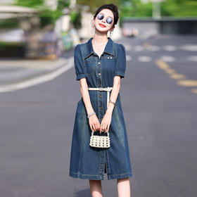 WY96399韩系牛仔连衣裙女2024年夏季上新气质时尚简约通勤收腰显瘦中长裙