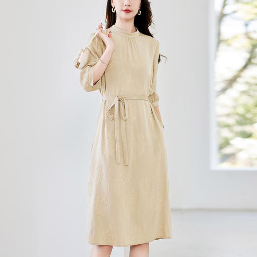 QS-82497030冠乐绉重磅真丝连衣裙夏季短袖圆领系带高端桑蚕丝 商品图2