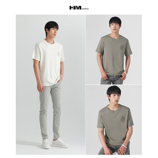 HIM漢崇  舒适修身纯色圆领T恤男潮流简约植绒印花短袖衫 2026夏季 商品图3