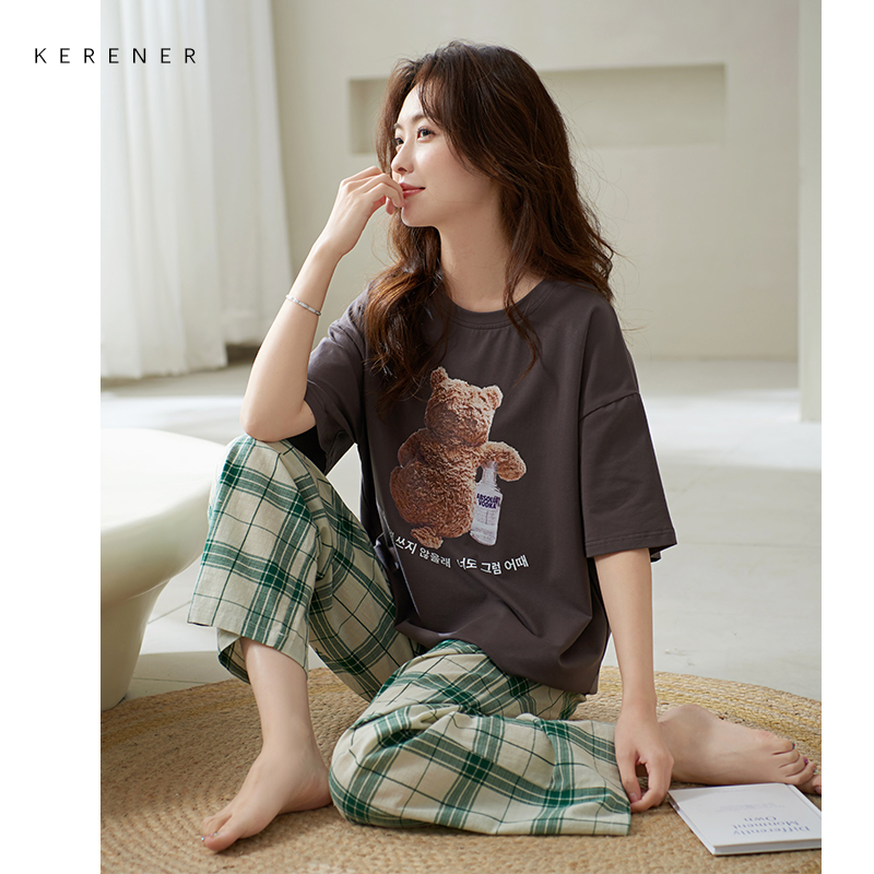 可人儿夏季纯棉睡衣女士夏天薄款卡通小胸短袖长裤少女家居服套装