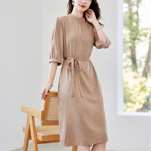 QS-82497030冠乐绉重磅真丝连衣裙夏季短袖圆领系带高端桑蚕丝 商品图0