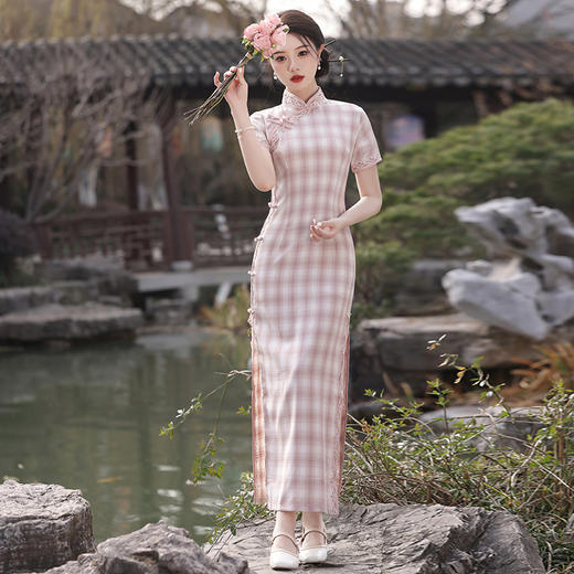 MLS711 新款蕾丝花边单层弹力棉少女感修身显瘦气质长款旗袍清新 商品图3