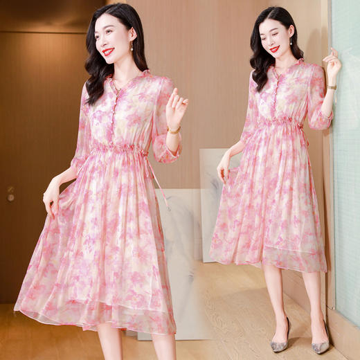 ASE-25010夏季印花气质百搭时尚真丝连衣裙 商品图1
