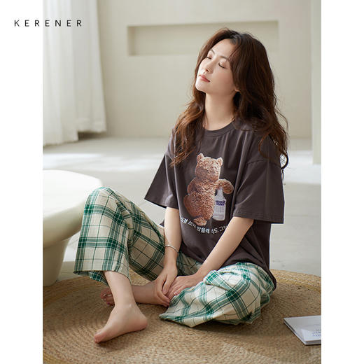 可人儿夏季纯棉睡衣女士夏天薄款卡通小胸短袖长裤少女家居服套装 商品图3