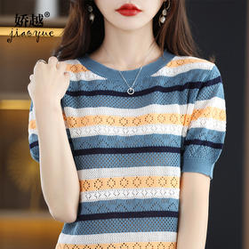 QHJY-JY1027-100棉线条纹镂空钩花短袖针织衫女春夏款圆领宽松半袖上衣打底衫