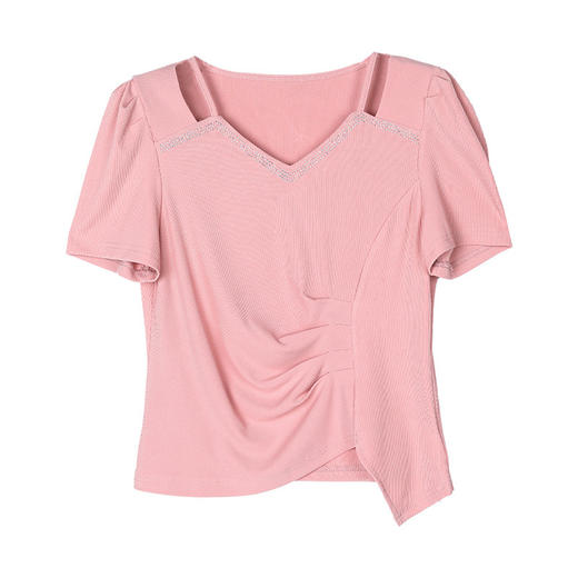 MZ-16521夏季短袖t恤女洋气独特别致收腰小衫不规则上衣短款小个子 商品图4