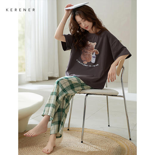 可人儿夏季纯棉睡衣女士夏天薄款卡通小胸短袖长裤少女家居服套装 商品图2