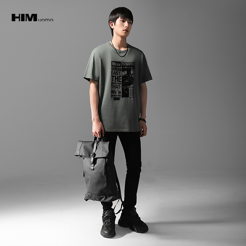 HIM漢崇  做旧植绒图案短袖T恤衫简约复古休闲圆领打底衫2026夏季