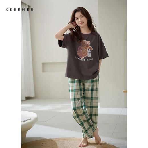 可人儿夏季纯棉睡衣女士夏天薄款卡通小胸短袖长裤少女家居服套装 商品图1