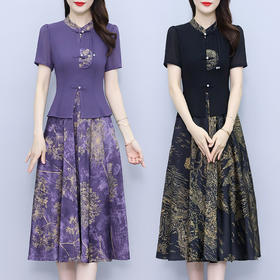 KQL-7536新中式拼接假两件连衣裙女2024夏季新款时尚洋气立领拼接中长裙潮
