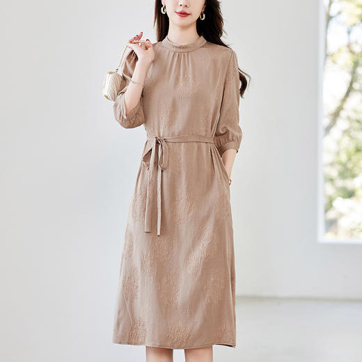 QS-82497030冠乐绉重磅真丝连衣裙夏季短袖圆领系带高端桑蚕丝 商品图1