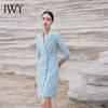 IWY/蓝绿色职业装西装领连衣裙女气质双排扣修身显瘦美容师工作服Q14253 商品缩略图1