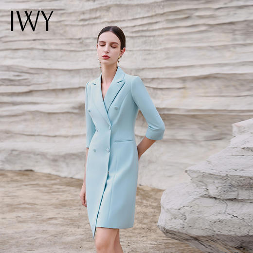 IWY/蓝绿色职业装西装领连衣裙女气质双排扣修身显瘦美容师工作服Q14253 商品图1