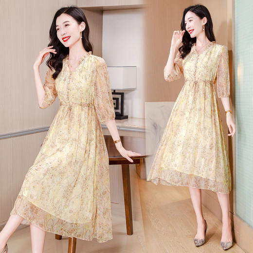 ASE-25015夏季V领气质优雅时尚真丝连衣裙 商品图1