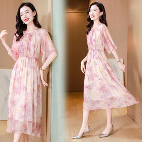 ASE-25011夏季印花气质时尚知性百搭真丝连衣裙