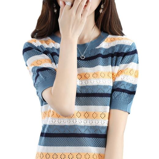 QHJY-JY1027-100棉线条纹镂空钩花短袖针织衫女春夏款圆领宽松半袖上衣打底衫 商品图4