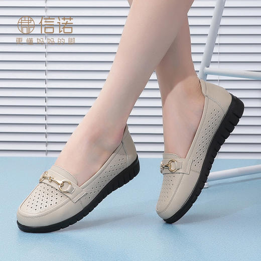 信诺真皮透气老人凉鞋女防滑中老年舒适妈妈鞋夏款奶奶一脚蹬皮鞋22C6315-052 商品图2