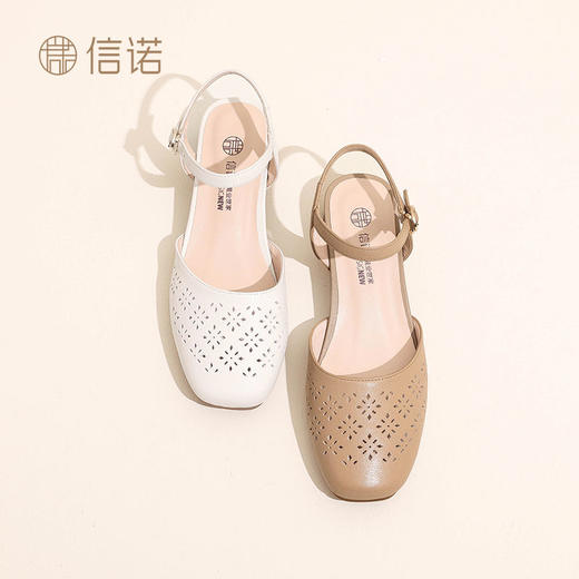 信诺 真皮包头凉鞋 2024新款夏季粗跟后空女鞋时尚镂空中跟妈妈鞋24C5009-011 商品图6