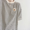 「学院风！小众设计」2024学院风绣花棉质短袖条纹衫女 韩版圆领短袖宽松T恤女款春夏季 商品缩略图1