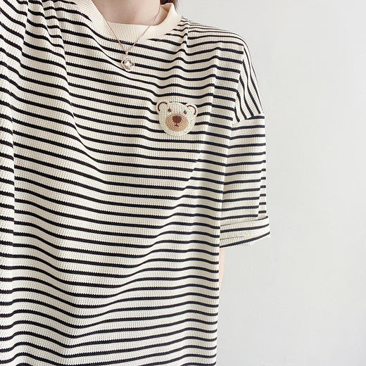 「学院风！小众设计」2024学院风绣花棉质短袖条纹衫女 韩版圆领短袖宽松T恤女款春夏季 商品图1