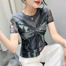 时尚纱网印花定位花短袖，圆领修身显瘦洋气上衣KQL-A55F8158