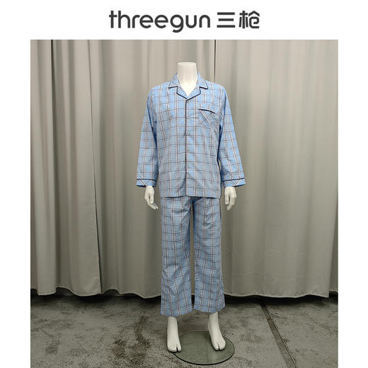 Threegun三枪 丝光棉彩格翻领开襟长袖长裤男家居套-81413D911 商品图9