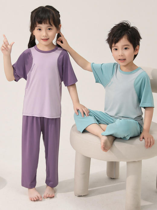 【凉感莫代尔，儿童家居服套装】儿童睡衣亲子家居服套装，柔软爽滑吸湿排汗快干，男童短袖长裤夏季薄款女童空调衣服QQ父亲节礼物新年礼盒年货礼盒 商品图1