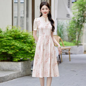 HRFS-1319夏日新中式风穿搭气质时尚轻奢立领印花设计高级感连衣裙