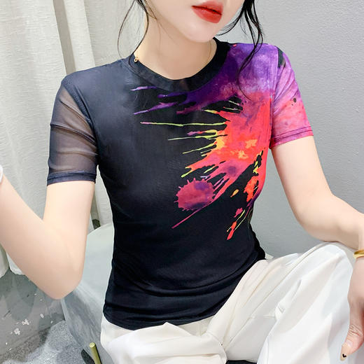 时尚纱网印花定位花，短袖圆领修身显瘦洋气上衣KQL-a55f8153 商品图2