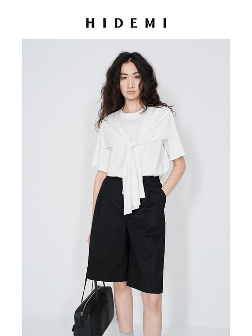 HIDEMI 小飞侠系列极简丝巾堆叠感多穿式水洗棉短袖t恤  燕麦米灰/白色/黑色 商品图3