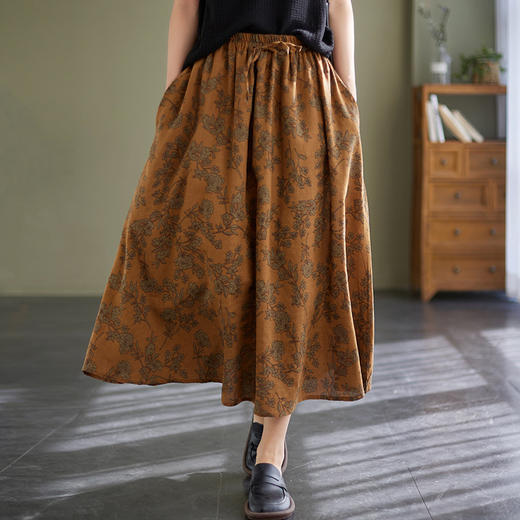 雀说 复古棉麻印花宽松松紧腰显瘦大摆中长款半身裙JMB091-555 商品图0