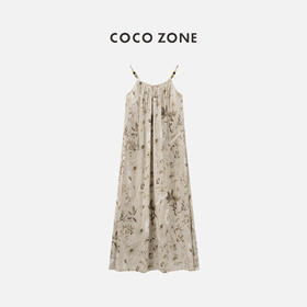 COCO ZONE2024"花卉裙”夏季复古花纹A字吊带连衣裙无袖露肩长裙CC1B0843
