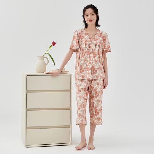 3部顶瓜瓜夏季纯棉女士小V领短袖中裤家居服套装DJJWX-AQW22589 商品图0