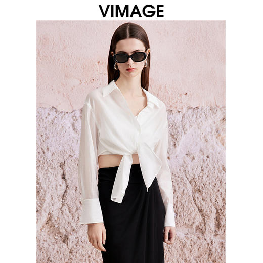 VIMAGE纬漫纪夏季新款时尚系带显瘦百搭舒适防晒休闲白衬衫V2109707 商品图4